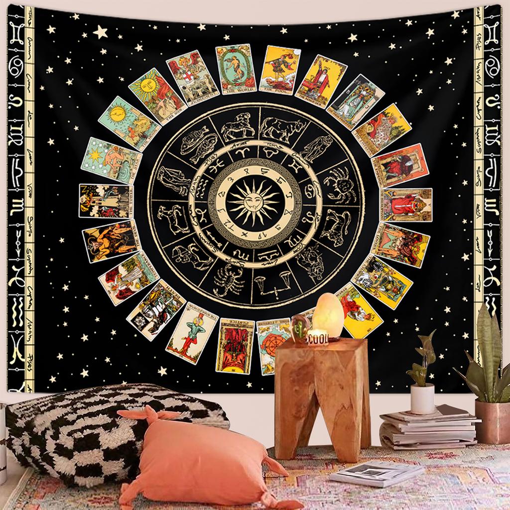 1pc Tarot Card Tapestry, Twelve Constellations Tapestry, Sun Moon Starry Sky Tapestry, Altar Witchcraft Divination Set Tapestry