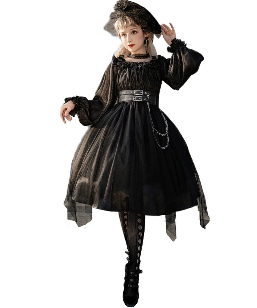 Milky Time Gothic Lolita Dress, Black and Red, with Chiffon and Chains, Cosplay Costume for Women (Small, Black)