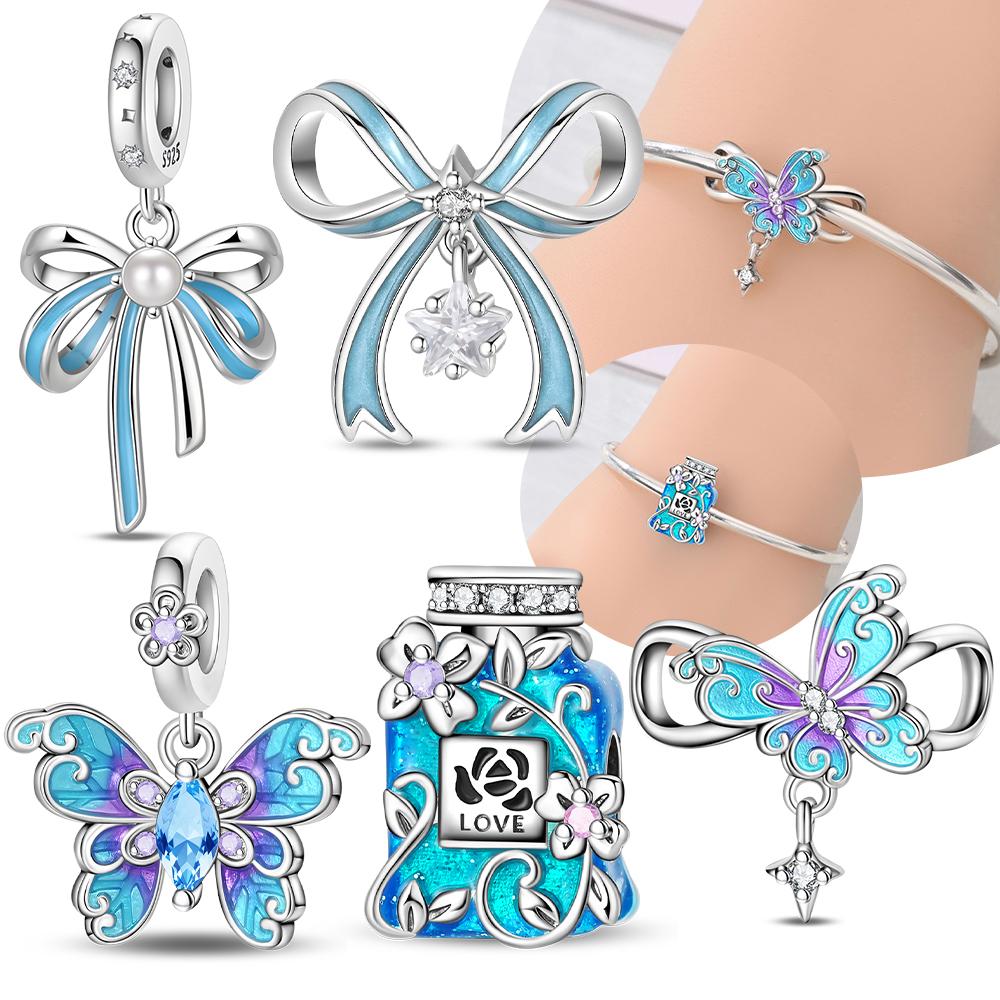 Original Blue Dreamy Romantic Butterfly Perfume Bottle Copper Charm Bead Fit Bracelet Women Jewelry Accessory Gift Set