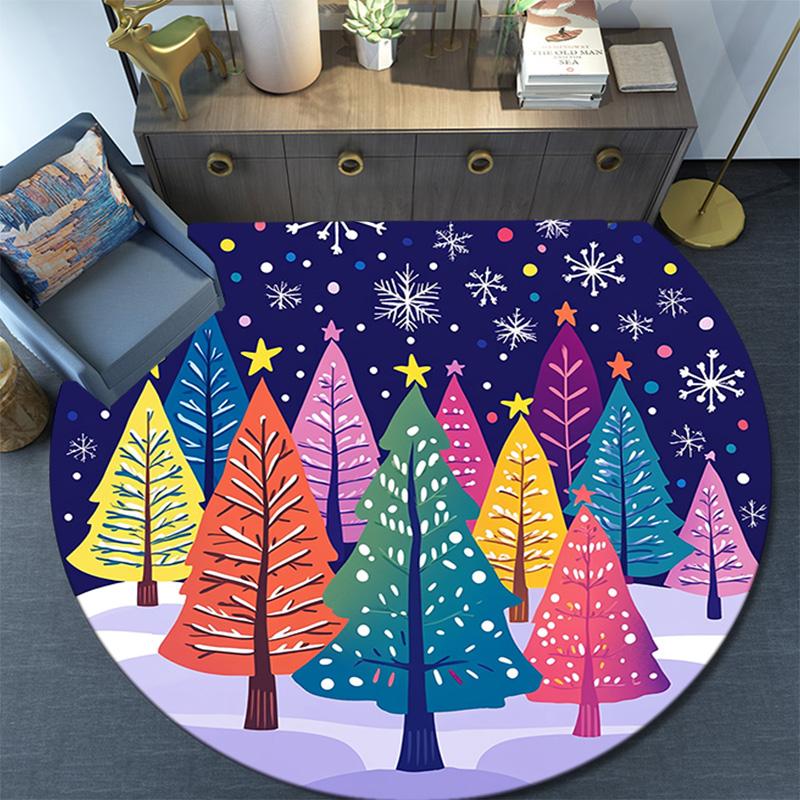 Colorful Trees Snow Winter Round Area Rug,Carpet Rug for Living Room Bedroom Sofa Playroom Decor,Non-slip Floor Mat