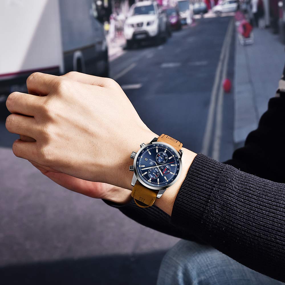 AKNIGHT Watch Genuine Leather Crystal Luminous Date Japanese Instruction Manual Men's - Stylish, Popular, Quartz, Strap, Chronograph, Display,