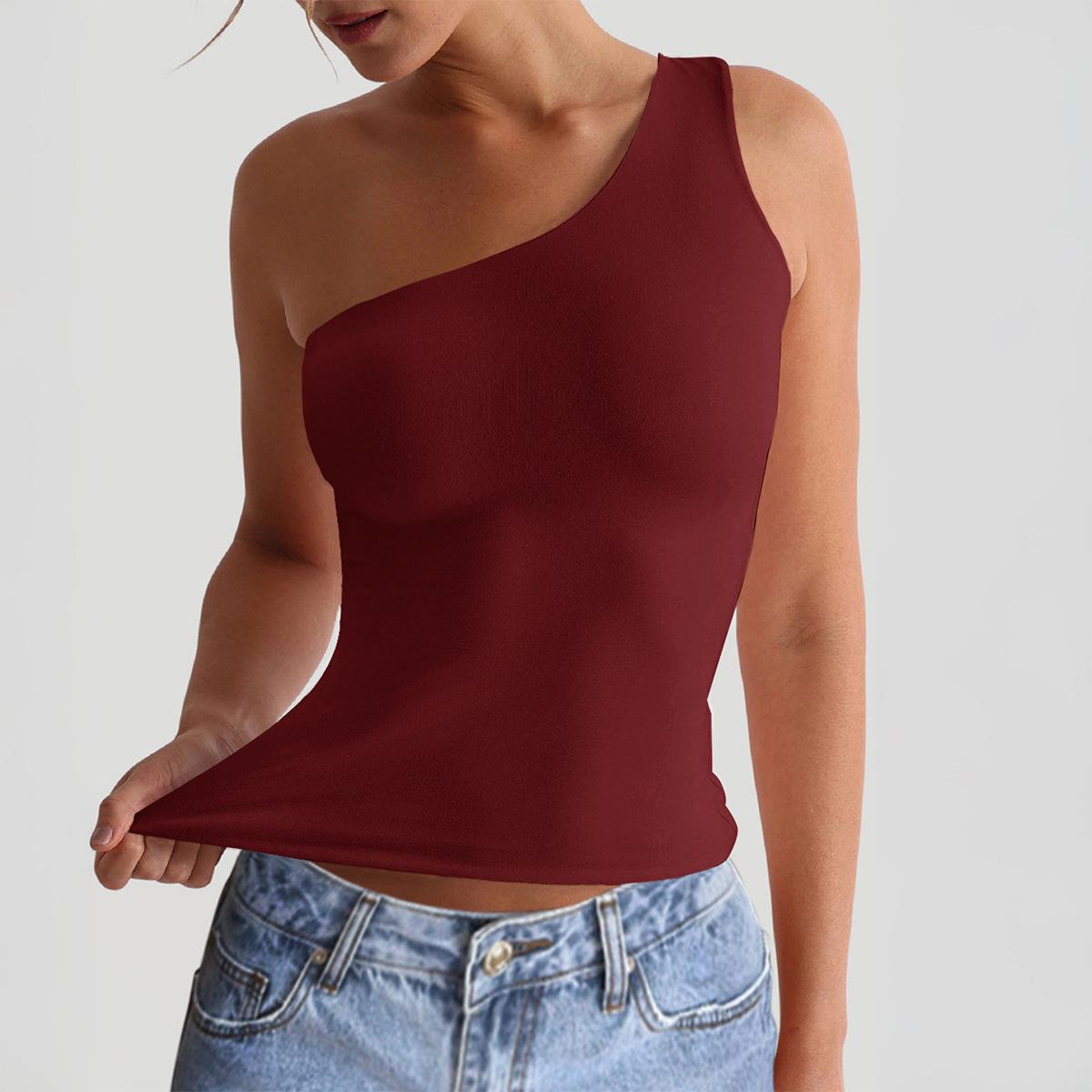 

Summer, European and American Y2K yoga versatile diagonal neck off-the-shoulder fitness T-shirt vest top XL вина червоного кольору