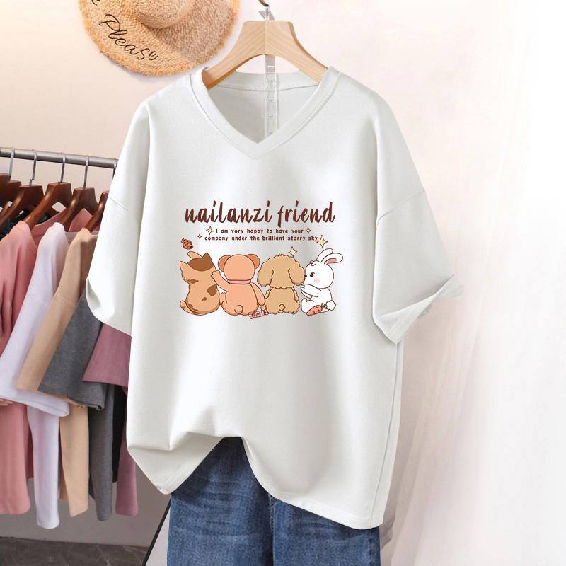 

Жіноча футболка з коротким рукавом, великого розміру, вільного крою, що підкреслює фігуру, нішева, топ з V-подібним вирізом з чистої бавовни, що прикриває живіт S білий