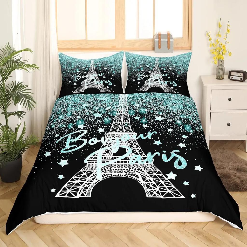 Paris Eiffel Tower Bedding Set Historical Scenery Duvet Cover Famous City Scene Comforter Cover Modern Cityscape Quilt Cover
