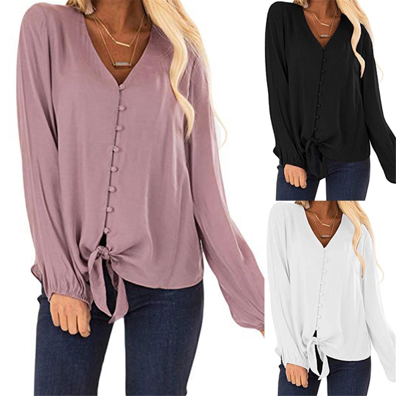 

Женская блузка Пуговица V Шея Оборки Шапка Рукав Галстук Галстук Пуговица Повседневная рубашка Топы