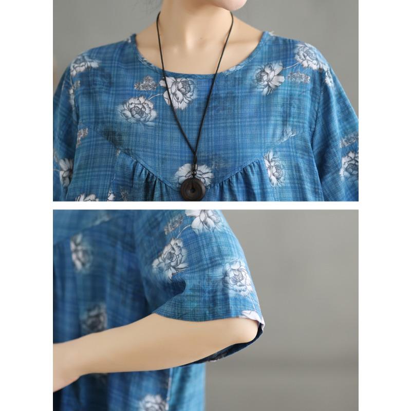 DIMANAF Women 2025 Summer Plus Size Vintage Dress Loose Casual Dress Basic Floral Printing Short Sleeve Long Dress