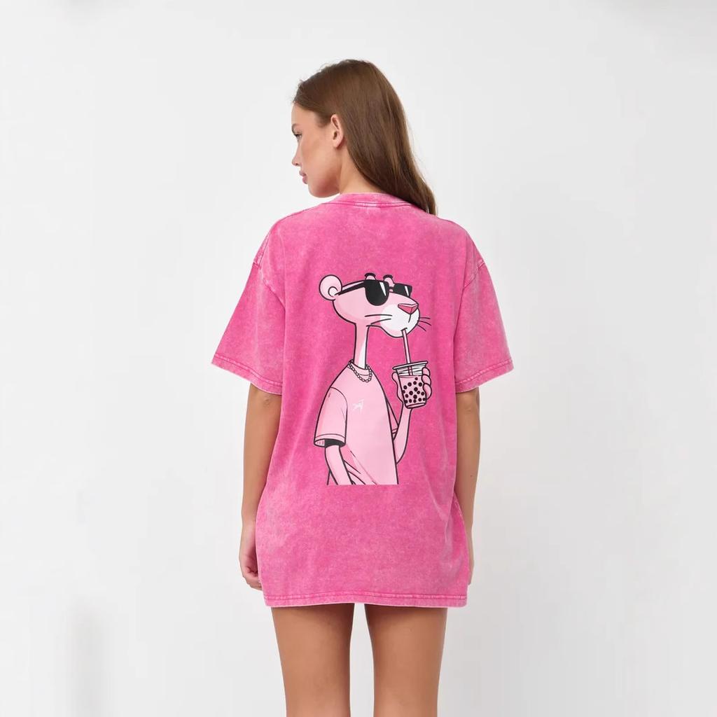 Damen Crew Neck Kurzarm T-Shirt Vintage Gewaschen Cartoon Rosa Panther Druck Locker Oversized Lässiges Tee Top