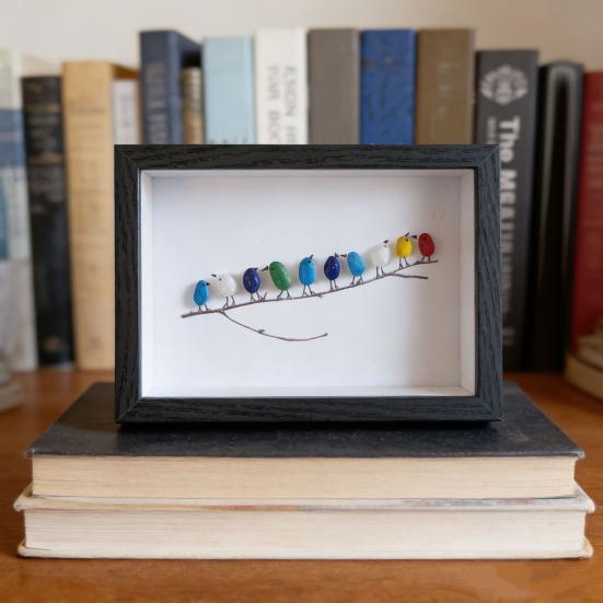 Sea Glass Art Photo Frame Home Decor with Handmade Sea Glass Birds in Black Wooden Frame Framed Sea Glass Bird Branch Ornaments