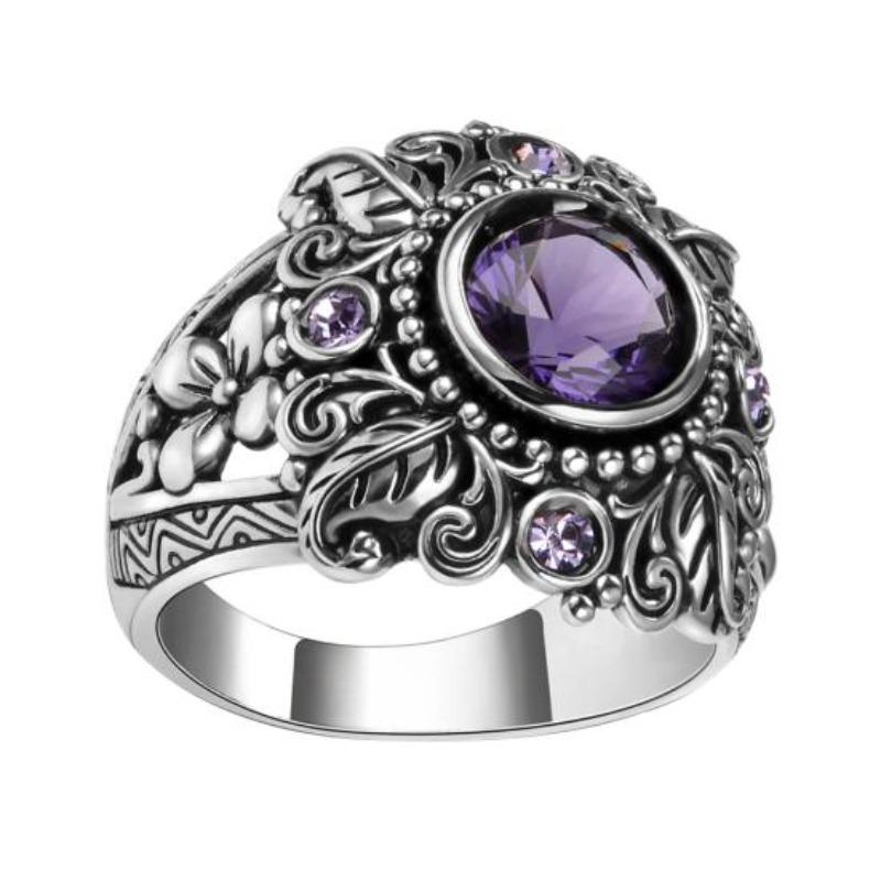 Винтажное богемное кольцо серебристого тона с фиолетовыми драгоценными камнями для женщин US 6 серебряный