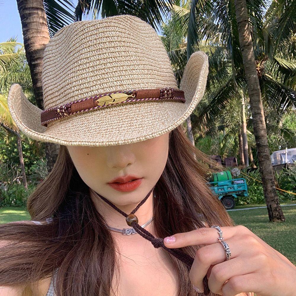 Hiking Straw Cowgirl Hat Summer Sunscreen Visor Cap Fashion Western Cowboy Hats  Outdoor