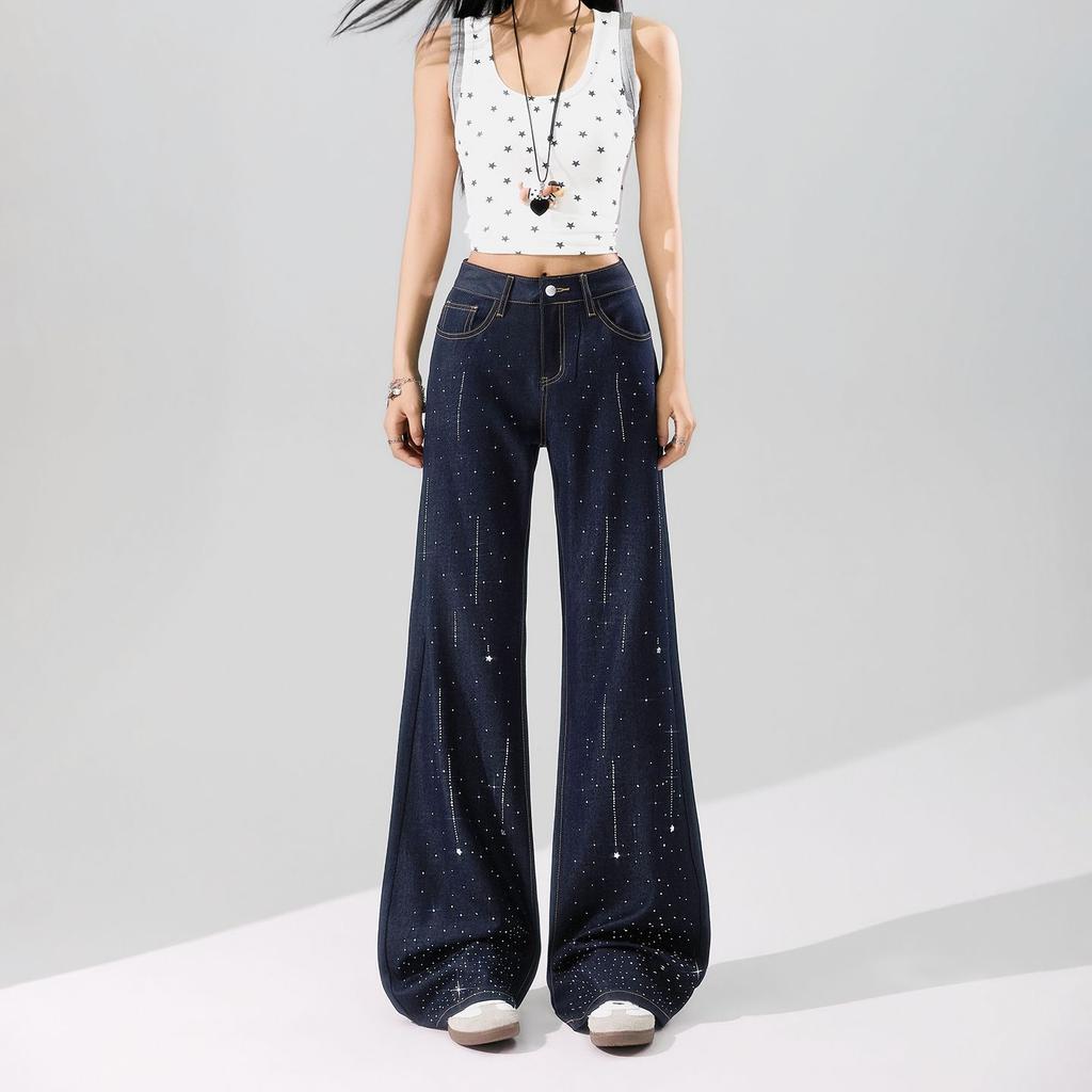 Spring Summer Meteor Full Rhinestone Wrinkle Resistant Four Way Stretch Drape Micro Flare Denim Pants For Women Casual Pants Oversize Denim Trousers