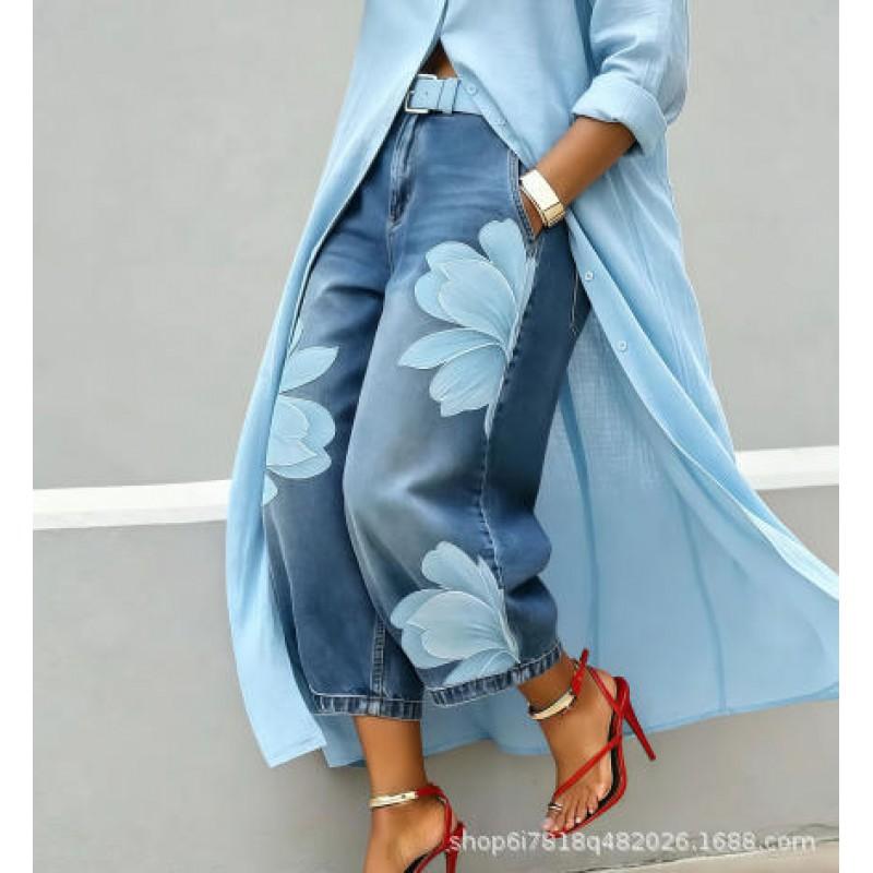 2026 Womens Wide Leg Denim Pants Loose Fit Printed Casual Trousers Mid-Rise Straight Cut
