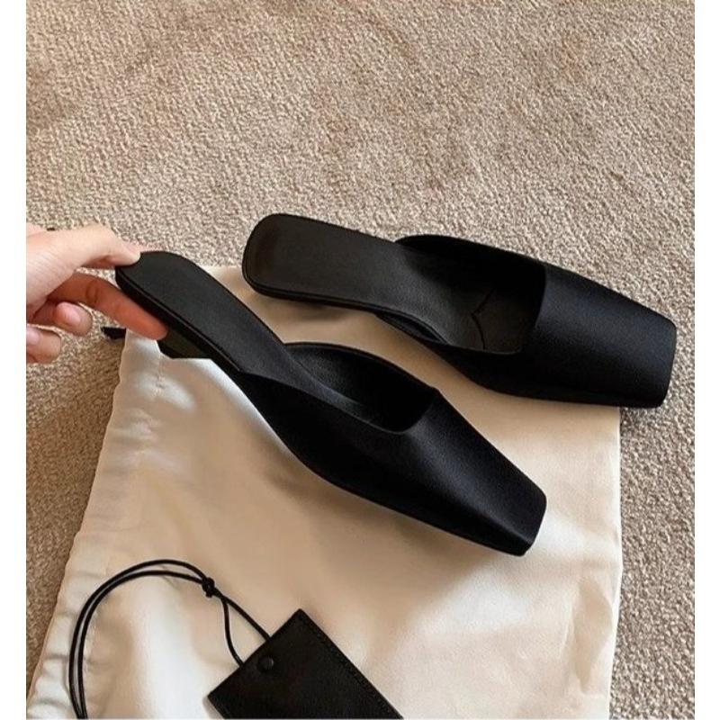 uxury Satin Sandals Women Summer Sexy Square Head Strange Low Heel Slide Sandals Chunky Heel Elegant Design Mule Slippers Women