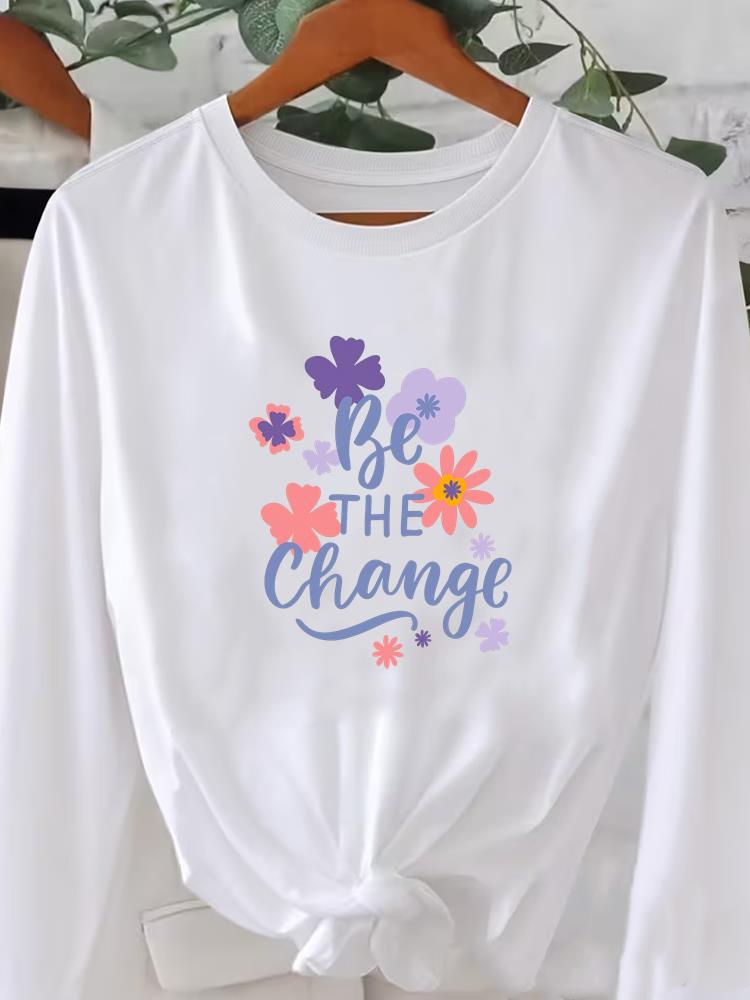 (Asian Size) flower letter cute style Printed o-neck Long Sleeve T Shirt Tee Lady Women Female Clothing Casual Fashion Top Graphic T-shirts