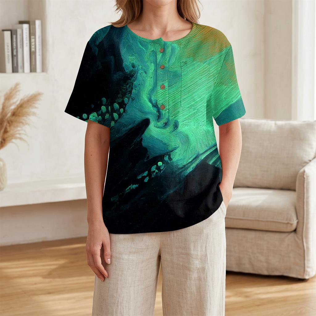 Women's Short Sleeve Linen Cotton Shirt Henley Button Neck Chest Pocket Casual Blouse with Artistic Print Pattern Lightweight Summer Top