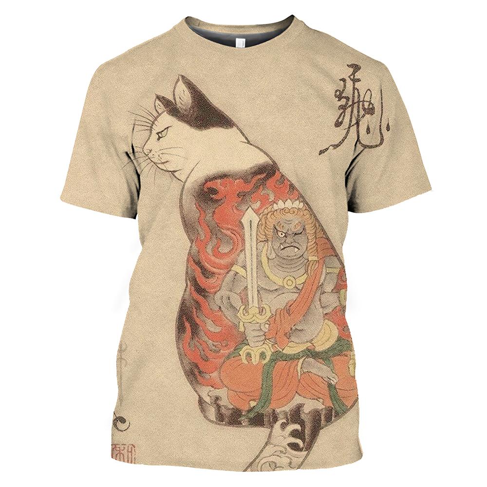 Japanese Samurai Cat 3d Printed Summer Men'S T-Shirt Casual Shirt Classic Vintage Oversized O-Neck Fun Hip Hop Loose Clothing