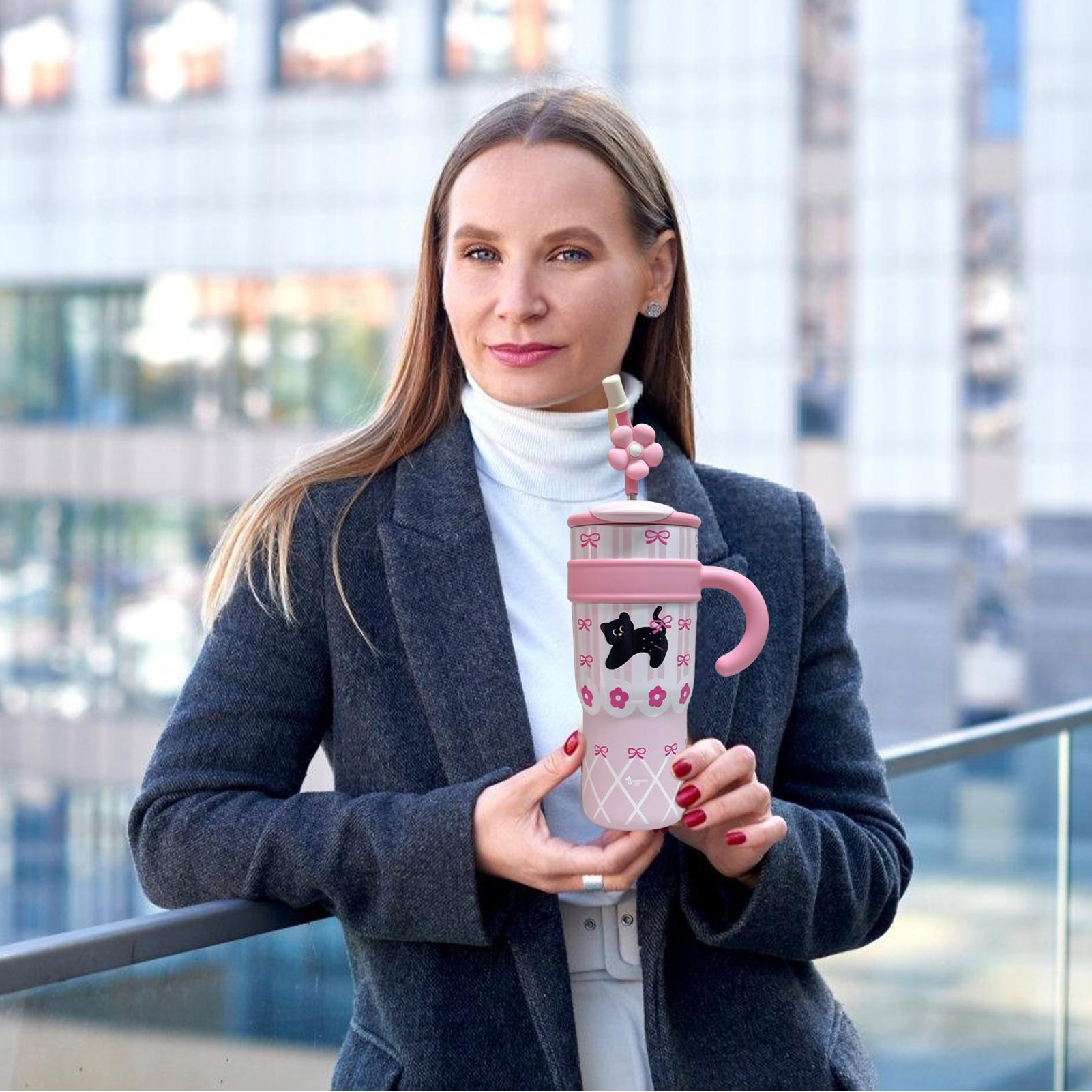 

Straw Cup 1200ml Insulated Water Bottles With Straw Cute Stainless Steel Flask Leakproof With Handle For Sports Gym Travel рожевий