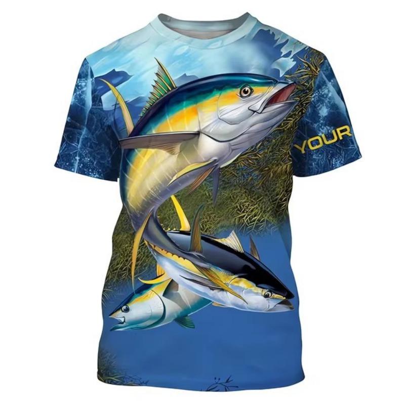 Fish Print Men's Outdoor Fishing Suit Casual Round Neck T-shirt Harajuku Short Sleeved Shirt