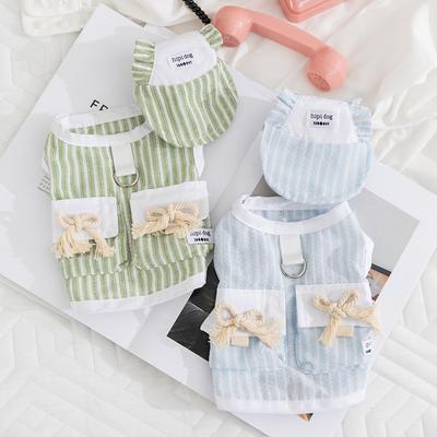 Spring and Summer Simple Striped Woven Bow Vest Hat Set Medium and Small Dog Cat Teddy Pet Clothes
