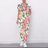 Women Plus Size Floral Printed Nurse Scrub Set V Neck Short Sleeve Pocket Top Long Pants