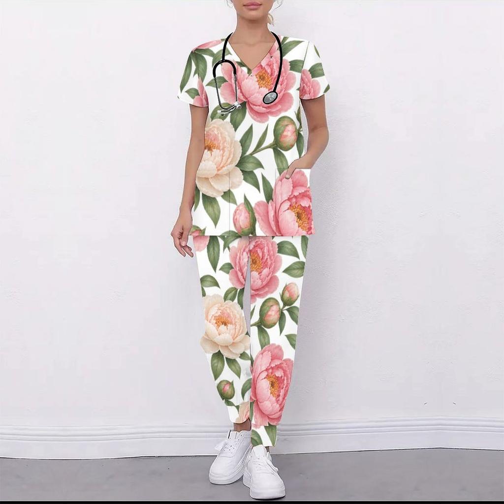 Women Plus Size Floral Printed Nurse Scrub Set V Neck Short Sleeve Pocket Top Long Pants