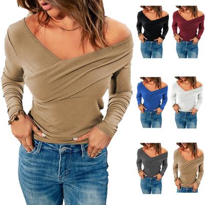 Fall Winter New Solid V-Neck Open Shoulder Long Sleeve Wrap Body Top Women's Clothing
