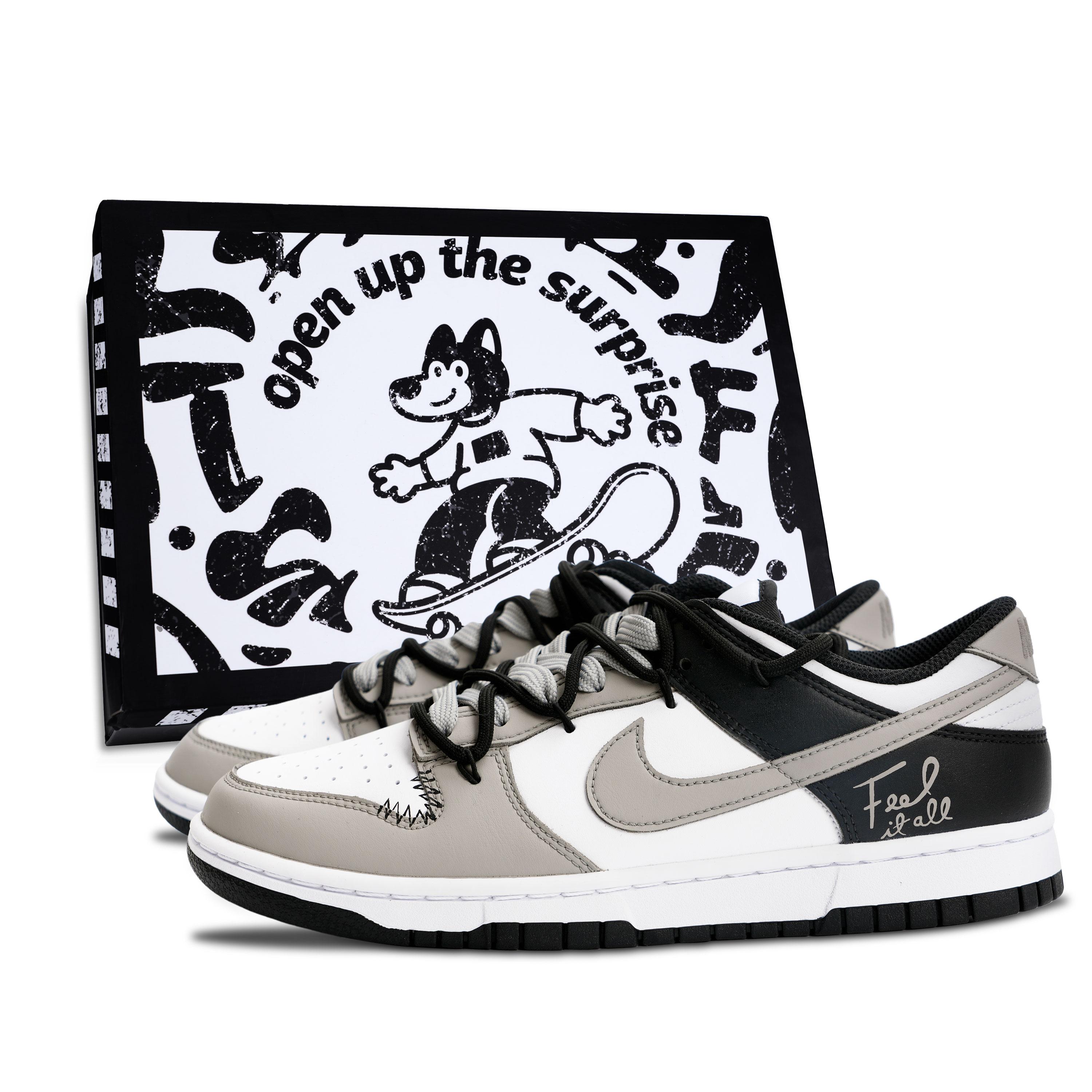 

Nike Dunk Black White, Milk Coffee Letter Leather Abrasion Resistant Slip Resistant Low top Skateboard Shoes Unisex HF5441-100(Team887-) 36.5