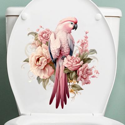 Pink Parrot Birds Flowers Toilet Stickers, Waterproof Removable Decals for Bathroom Decor, Self-Adhesive