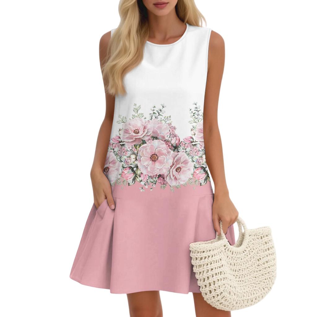 Women's Casual Fashion Breathable Round Neck Vest Floral Holiday Dress With Pockets