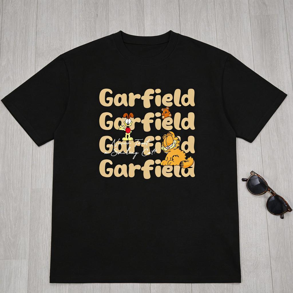 Garfield & Odie Repeating Letters Trendy T-Shirt! American Retro Fun Print Loose-Fitting Short Sleeve, Unisex, Oversize Couple Tee
