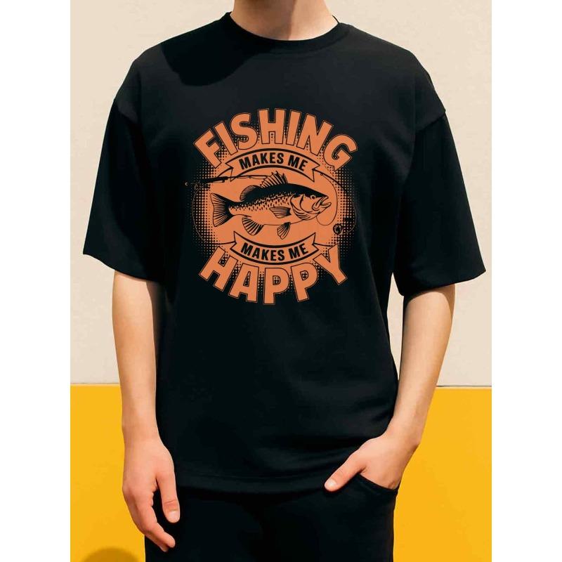 

European sizes Men S Funny Fishing Graphic T-Shirt 60 Years Young - Black with Fishing Makes Me Happy Slogan 4XL