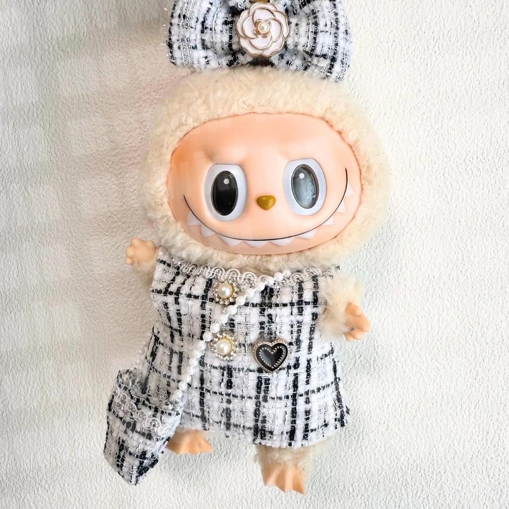 Lovebu Vestiti di Peluche 17cm, Costume Carino (Nastro, Borsa e Outfit) per Bambole di Peluche Labubu, Bianco