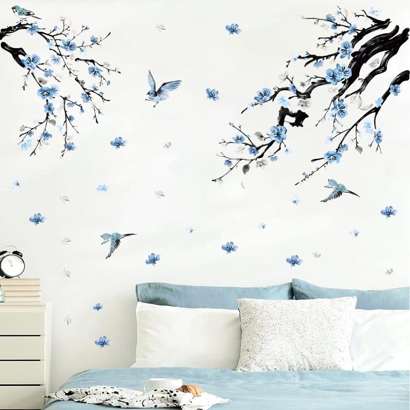 Branch and Bird Cherry Blossom Wall Stickers Self-Adhesive Peach Flower Wallpaper Decals for Living Room Bedroom Home Decor