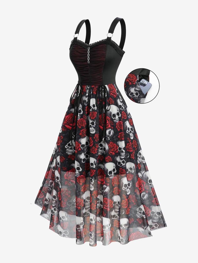 Rosegal Übergröße Gothic Rosenblumen Totenköpfe Print Geraffte Rüschen Ketteneinsatz Spitze Besatz Tankkleid