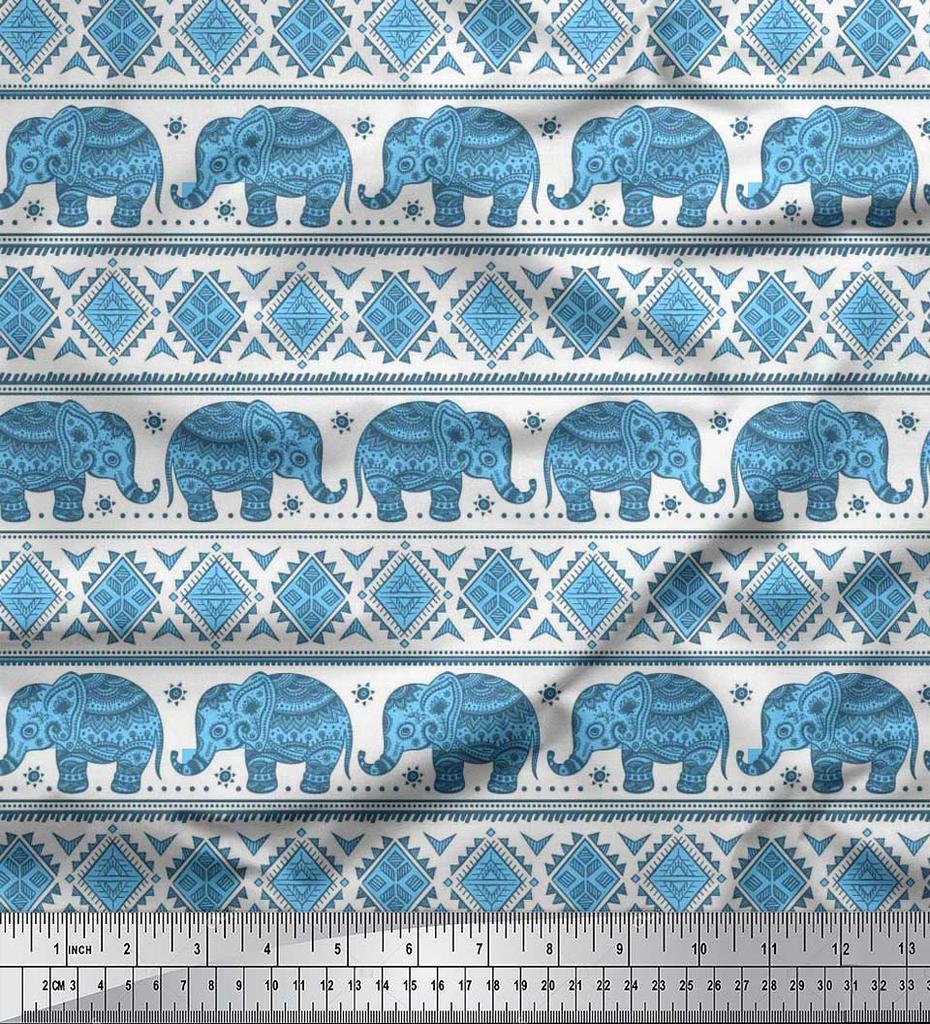 Soimoi Japan Crepe Satin Fabric Aztec & Tribal Elephant Ethnic Print Sewing Fabric Metre 42 Inch