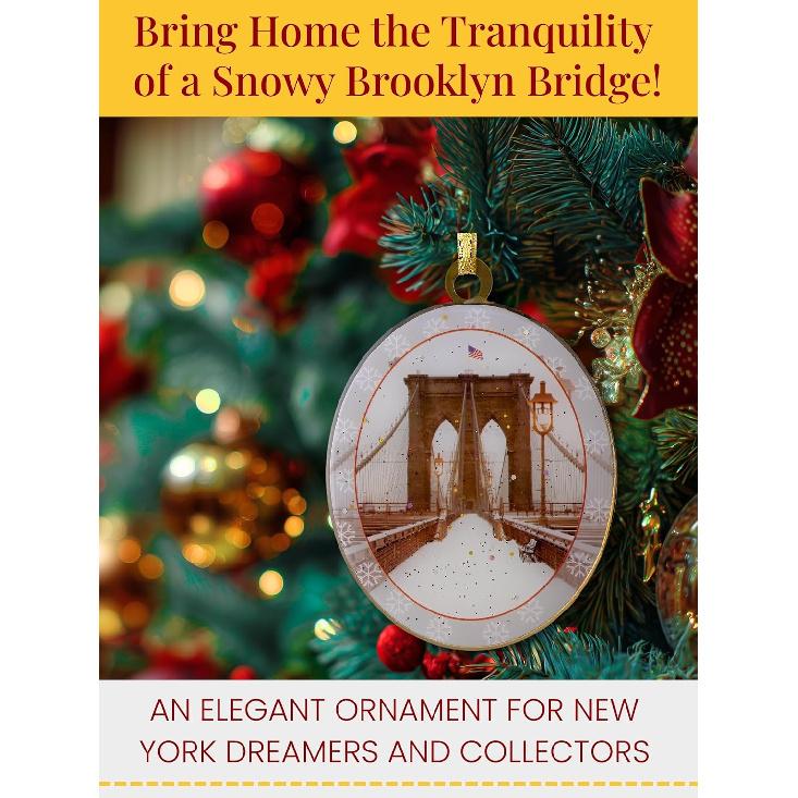 Brooklyn Bridge Snow New York Ornament - NYC Holiday Collectible, Double-Sided Brass with Glitter and Epoxy, Gift-Boxed, 2.5 x 3 Inch by ArtMalore