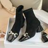 Rhinestone Buckle Booties Women's Fashion Square Toe Paneled Suede Non-Slip Wear-Resistant Heels