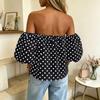 Women Off Shoulder Polka Dot Blouse Puff Sleeve Elastic Neckline Casual Loose Fit Pullover Top Summer Fashion