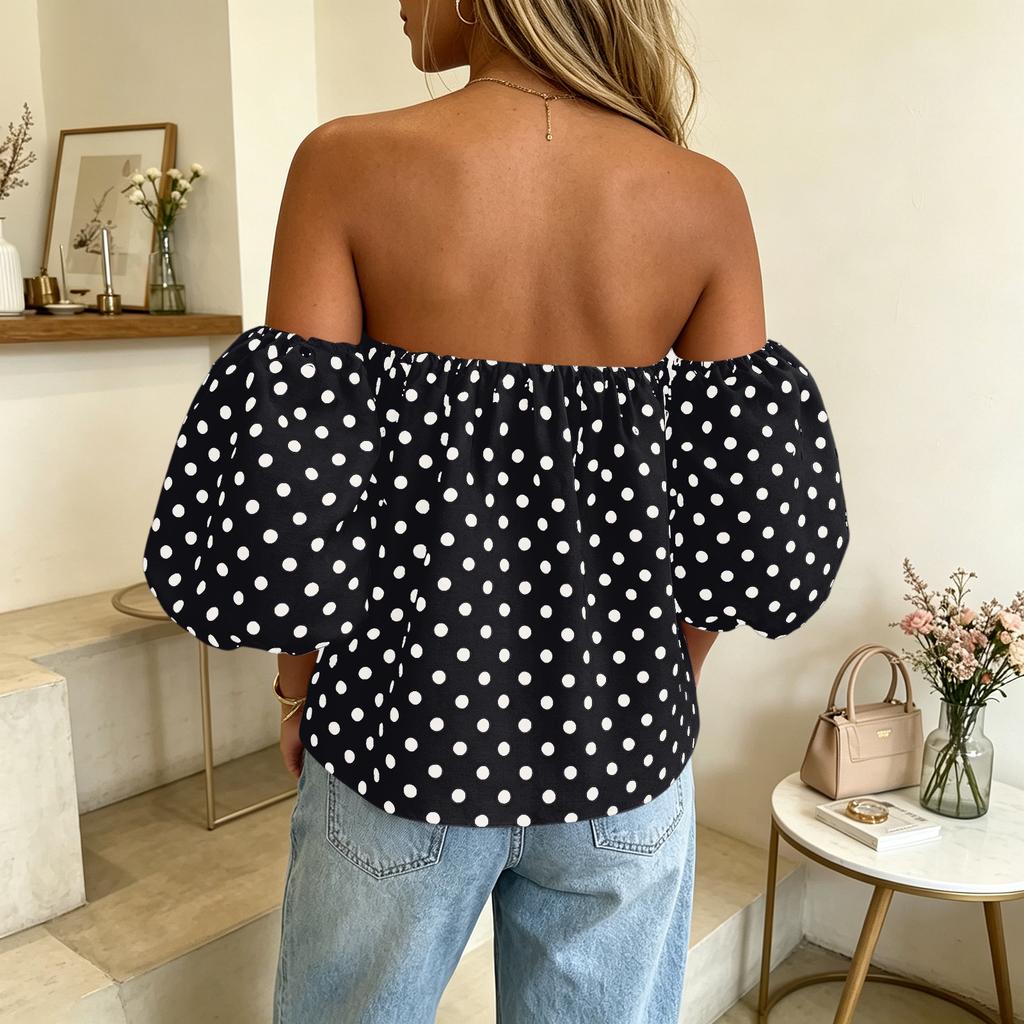 Women Off Shoulder Polka Dot Blouse Puff Sleeve Elastic Neckline Casual Loose Fit Pullover Top Summer Fashion