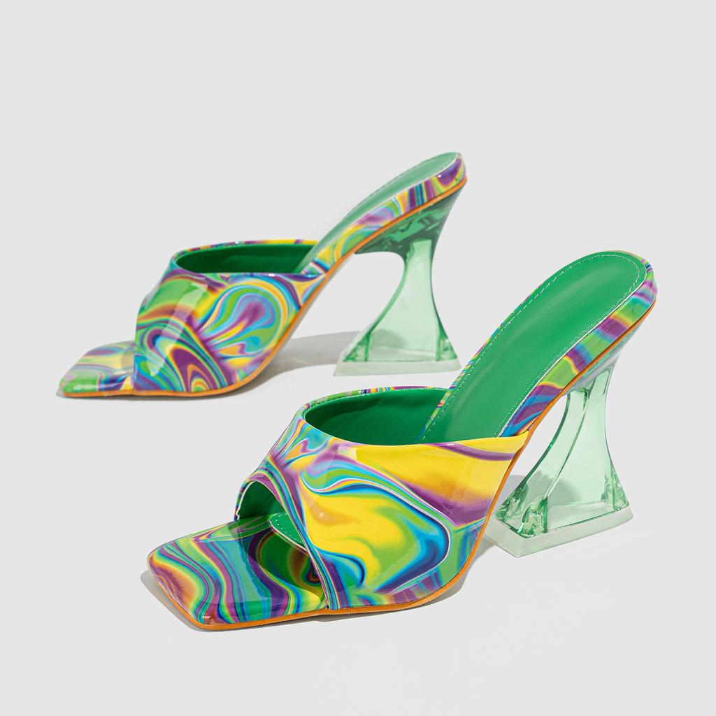 Modă de vară Papuci simpli de damă Vârf pătrat Colorat Transparent Toc înalt Papuci Pantofi de petrecere Nuntă