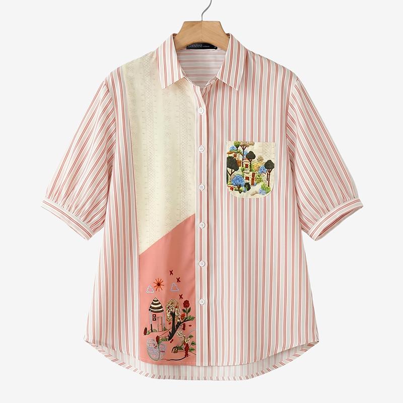 ZANZEA Women Casual Turn Down Collar Stripe Patchwork Loose Short Sleeve Blouse S