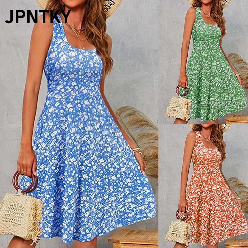 JPNTKY Fashion Summer Spring Sleeveless U-Neck Casual Dresses