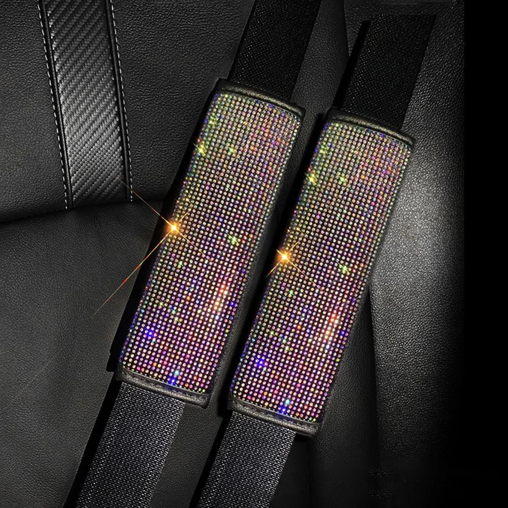 2PCS Bling Rhinestone Crystal Universal Car Seat Belt Pads Cover Soft Comfort Plush Shoulder Strap Harness Pad for Car Bag 2Pack
