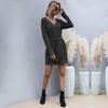 YYFS Women's Fashion Autumn Winter Solid Color Print Long Sleeve V-Neck Knitted Casual Dresses