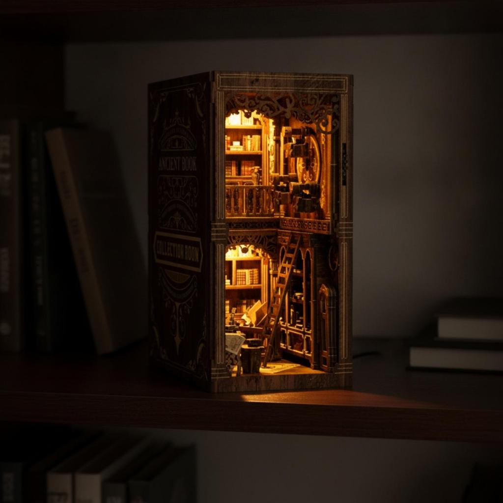 DIY Miniature Literary Shelf Ornament Warm Glow Cut Wooden Bookend Model No
