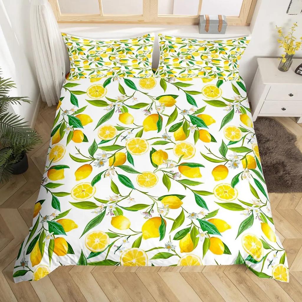 Lemon Duvet Cover Queen King Size For Girls Teens 3 Pcs Summer Cool Style Fruits Lemon Print Bedding Set, Leaves Comforter Cover