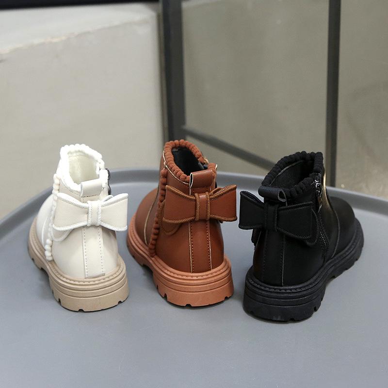 Girls fashion short boots 2025 new spring and autumn children's foreign style bow princess leather boots girls versatile Martin boots