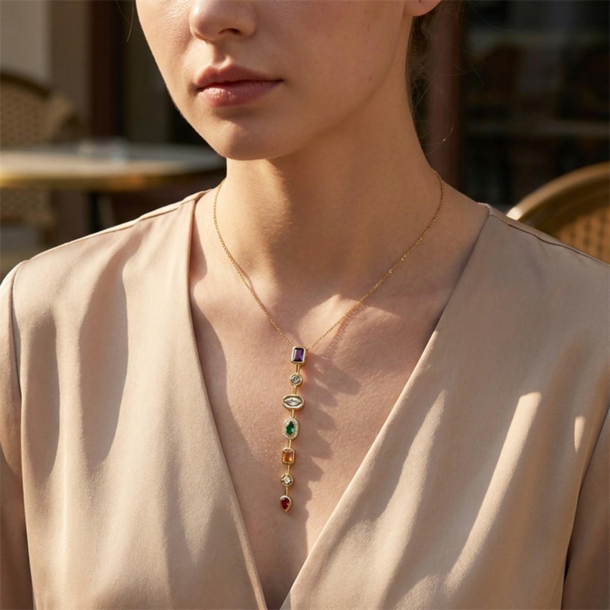 

Vintage Geometric Colorful Zircon Long Pendant Necklace for Women Exquisite Stainless Steel Chain Necklace Charm Party Jewelry
