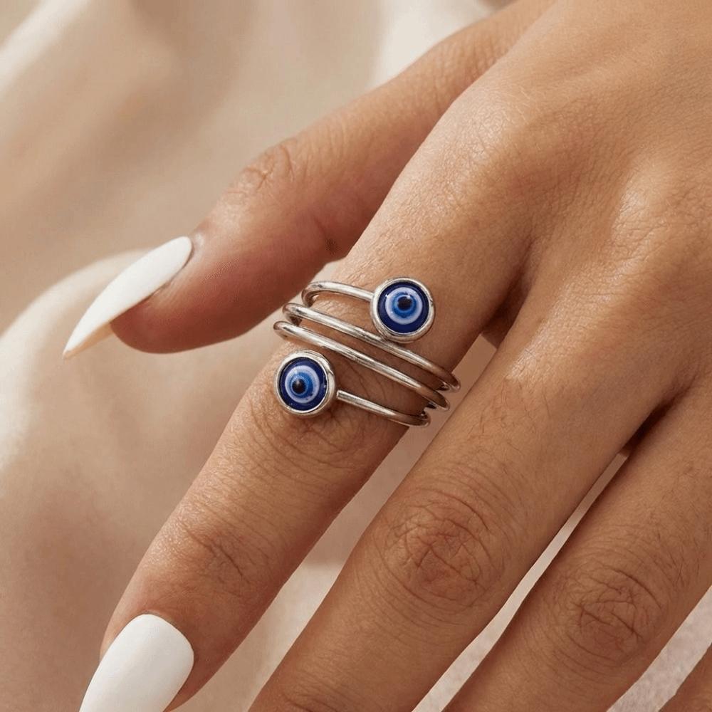 Bague Œil Bleu Double Zirconium Couleur Argent Bague de Doigt Réglable Anneaux Torsadés Tendance Fête