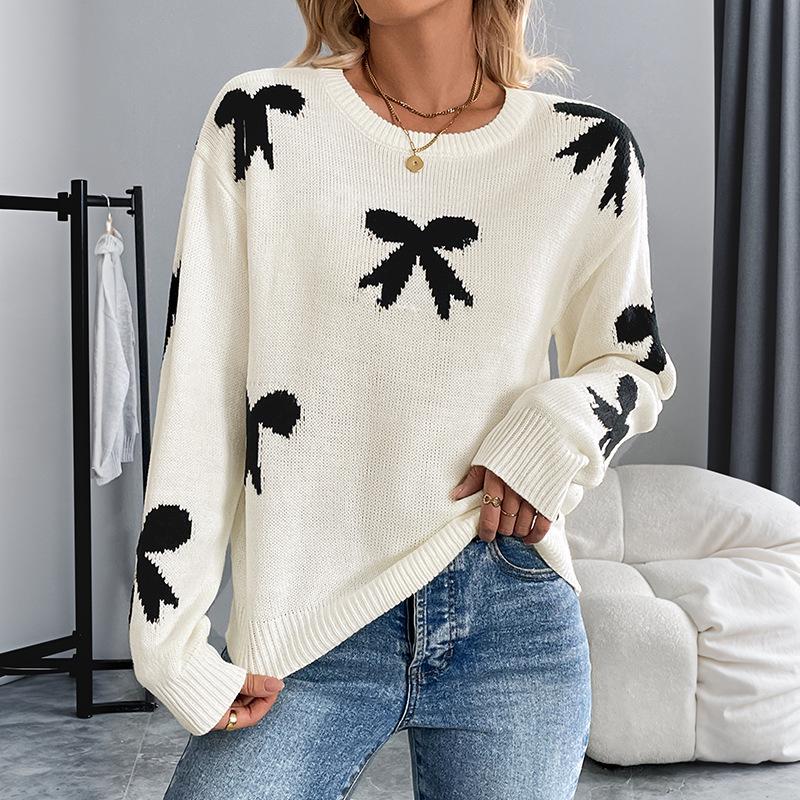 2026 Autumn/Winter Women's Bow Jacquard Round Neck Long Sleeve Sweater